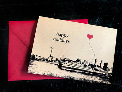 Happy Holidays Seattle Ferry Boat Space Needle set of 8 note cards - noteify