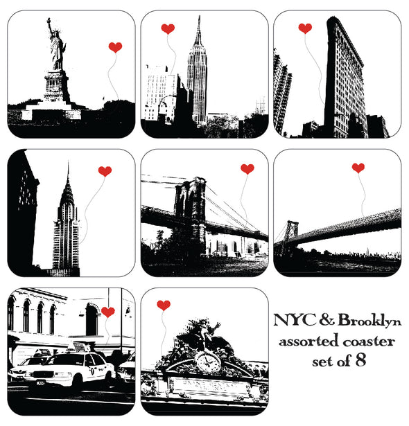 New York City and Brooklyn NYC Lover's Reusable Paper Coasters assorted set of 8