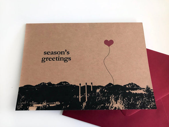 Season's Greetings Old Mill and Mountains Bend Oregon set of 8 note cards - noteify