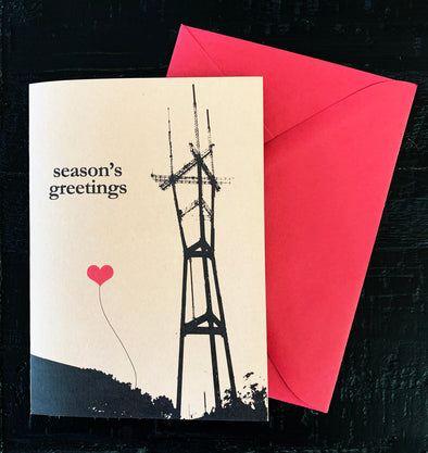 Season's Greetings Sutro Tower Christmas note card set of 8 - noteify