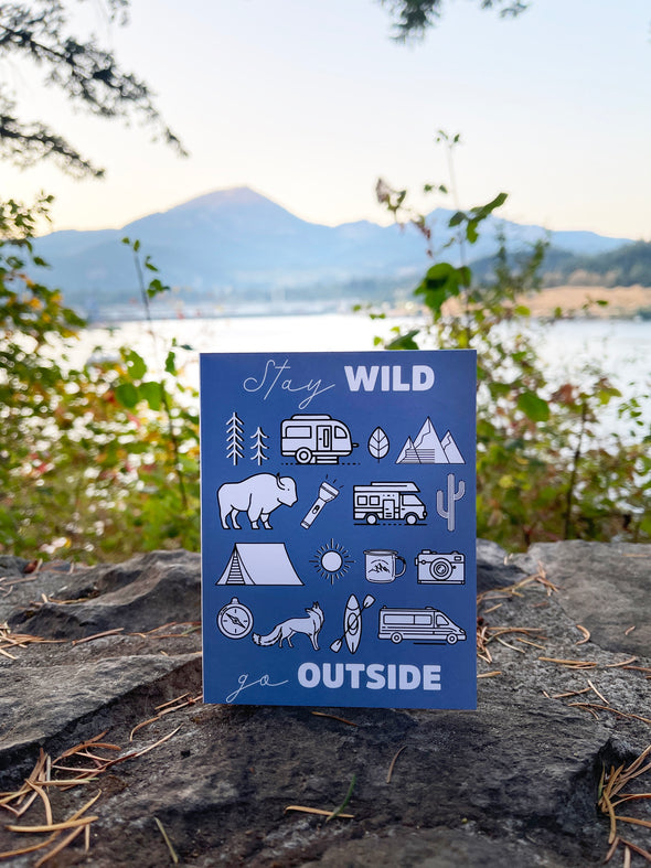 Stay Wild, Go Outside Wilder Outdoor Adventure single note card - Blue