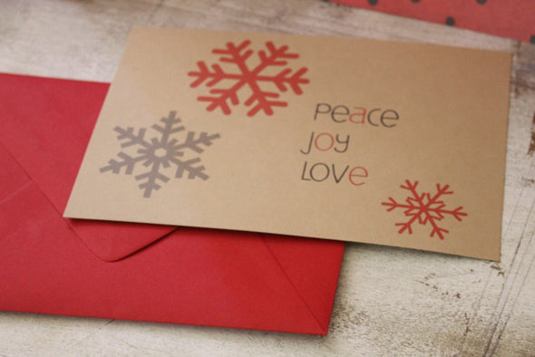 Peace, Joy, Love set of 8 kraft note cards - noteify