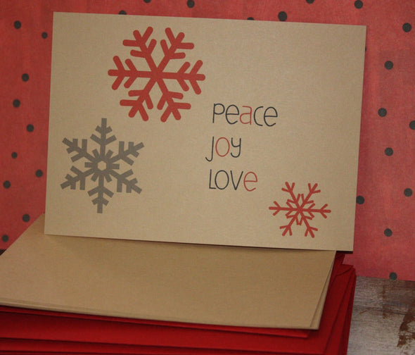 Peace, Joy, Love set of 8 kraft note cards - noteify